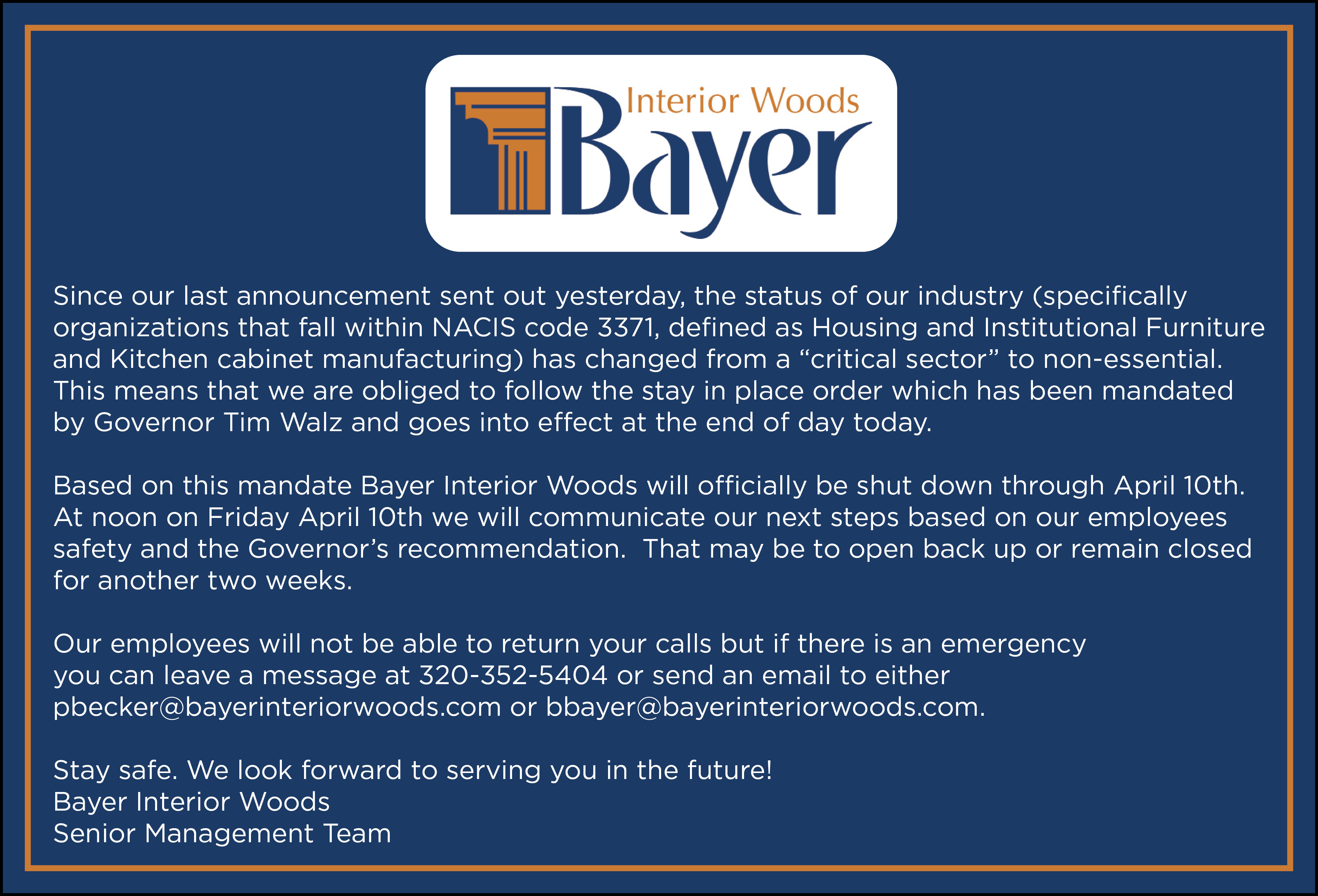 Bayer Interior Woods Mandatory Shutdown: Sauk Centre ...